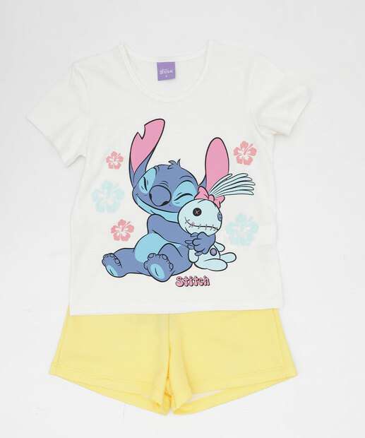 Conjunto Infantil Manga Curta Stitch Disney Tam 4 a 10