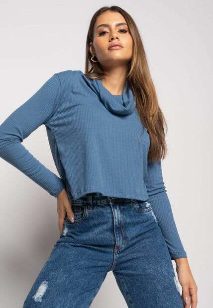 Image_Blusa Golão Manga Longa Canelada Azul Jeans Salvatore Fashion