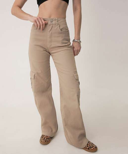 Calça Sarja Wide Leg Feminina Cargo Biotipo