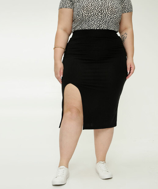 Saia Plus Size Midi Feminina Canelada Fenda Marisa