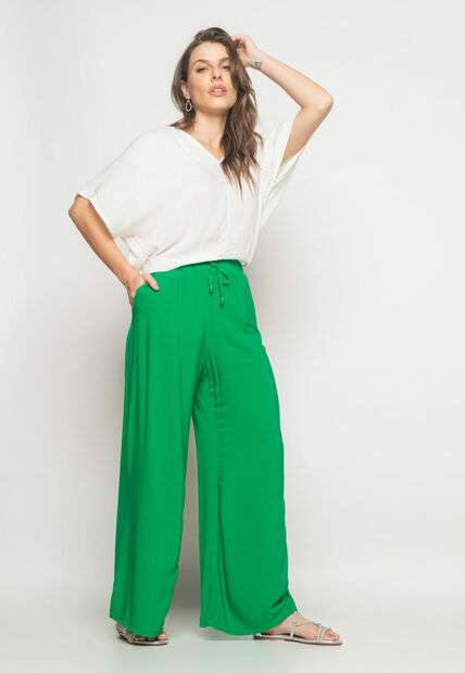 Calça Wide Leg Viscolinho Com Bolso Verde Salvatore Fashion