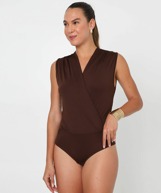 Body Feminino Transpassado Sem Manga Marisa Marrom