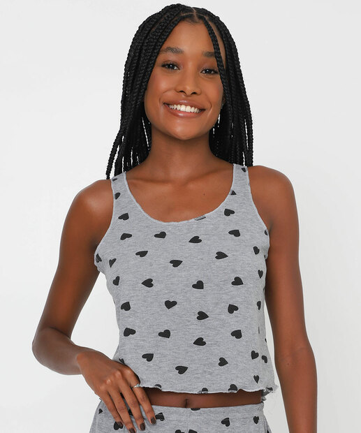 Pijama Feminino Canelado Estrelas Alças Finas Marisa Cinza