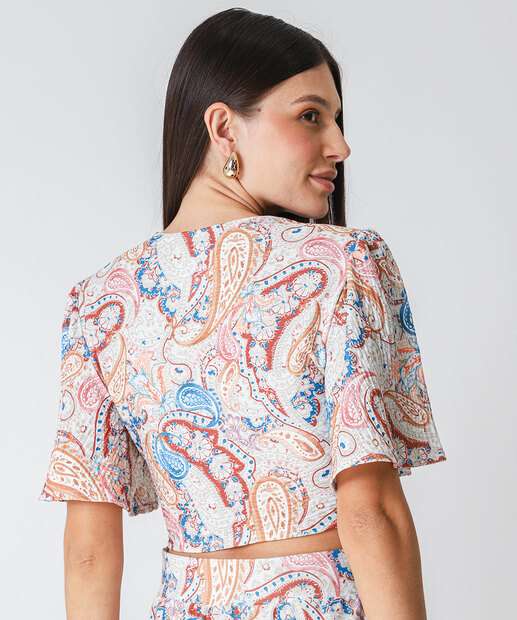 Blusa Cropped Feminina Estampada Drapeado Marisa Bege