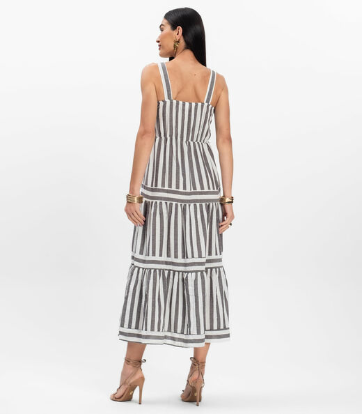 Vestido Midi Feminino Listrado De Alça Aishty Preto