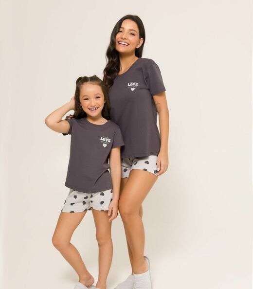 Pijama Menina Manga Curta Meia Malha Evanilda Cinza
