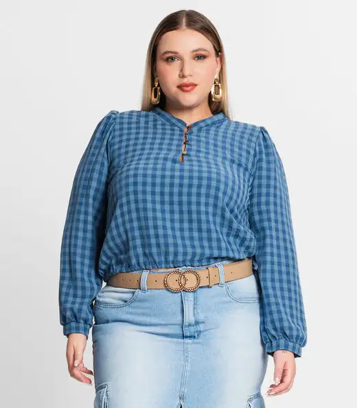 Blusa Plus Size Em Air Flow Xadrez Secret Glam Azul