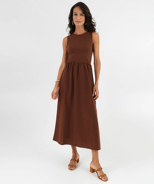 Vestido Midi Feminino Recorte Canelado  Marisa Marrom