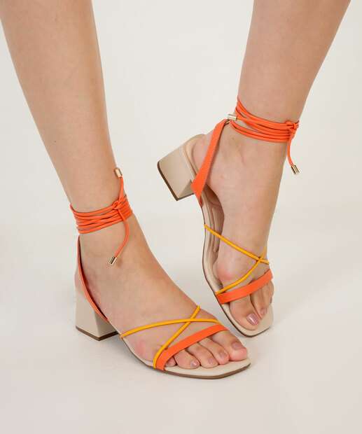 Sandália Salto Grosso Feminina Tiras Amarração Bebecê