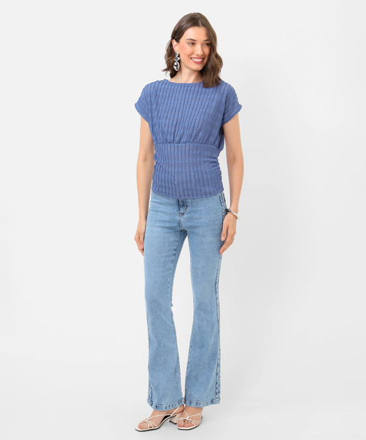 Blusa Feminina Crinkle Manga Curta Marisa Azul