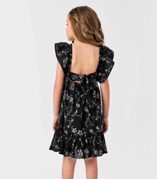 Vestido Popeline Floral Bordado Trick Nick Preto
