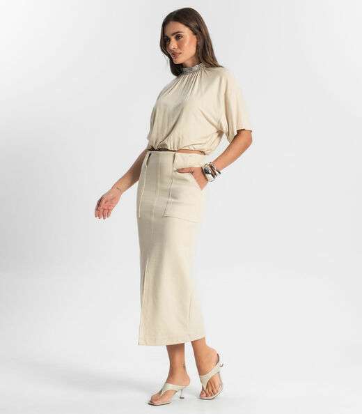 Saia Midi Com Bolso Endless Bege