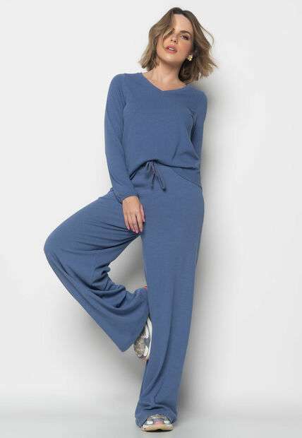 Blusa  Gola V Manga Longa Canelada Azul Claro Salvatore Fashion