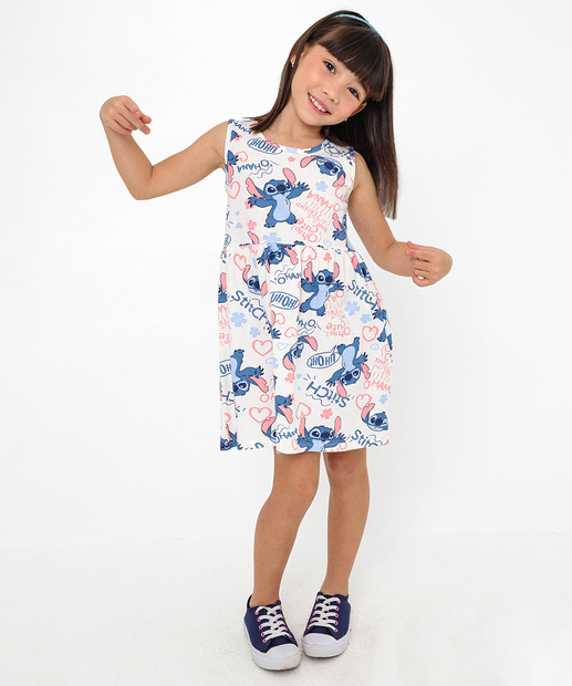 Vestido Infantil Stitch Disney Tam 4 a 10 Off White