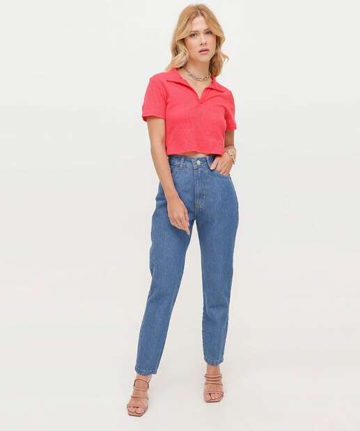Calça Mom Jeans Bolsos Cintura Alta