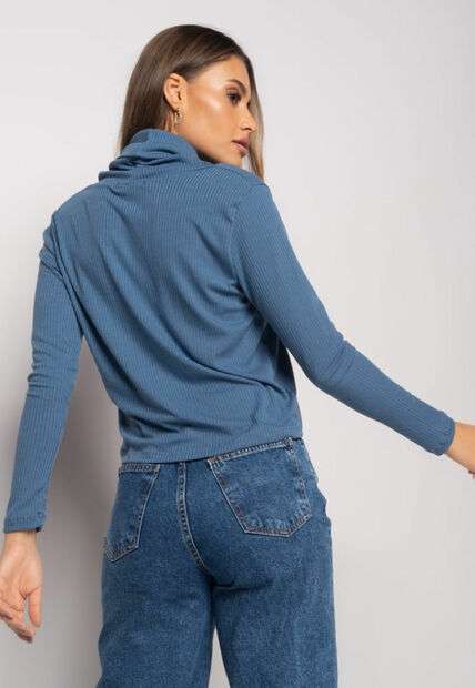 Blusa Golão Manga Longa Canelada Azul Jeans Salvatore Fashion