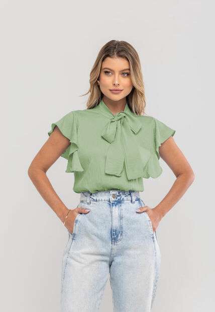 Blusa Feminina Com Laço na Gola e Manga Babado Verde Salvatore