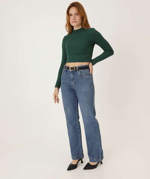 Calça Reta Feminina Bolsos Ecxo Jeans