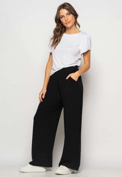 Calça Wide Leg Com Bolso Malha Preto Salvatore Fashion