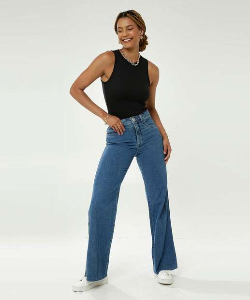 Calça Jeans Wide Leg Feminina Bolsos Marisa