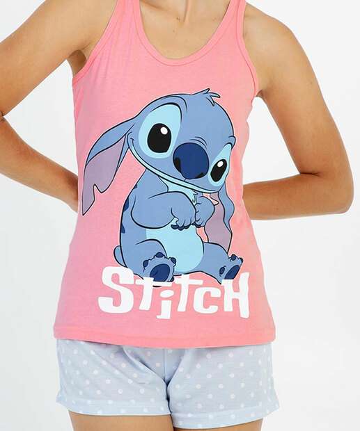 Pijama Feminino Estampa Stitch Sem Manga Disney
