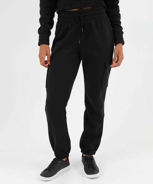 Calça Moletom Feminina Jogger Cargo Marisa Preto
