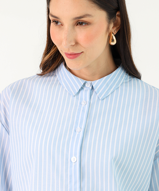 Camisa Feminina Listrada Manga Longa Marisa Azul