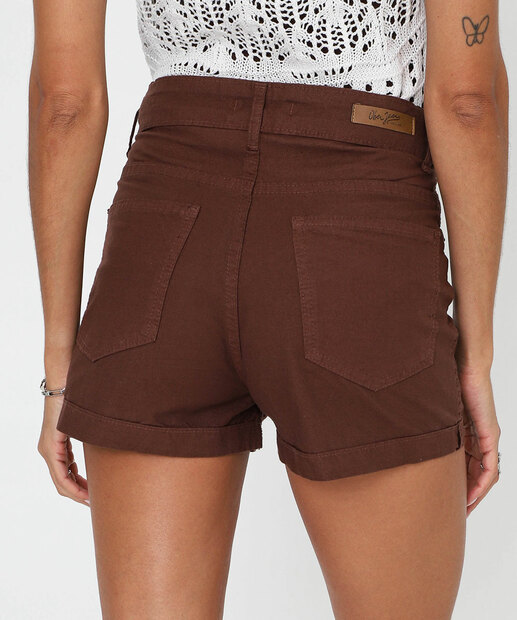 Short Feminino Sarja Barra Dobrado Uber Jeans Marrom