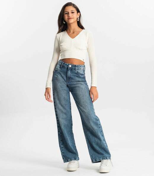 Blusa Cropped Juvenil Manga Longa Minty Bege