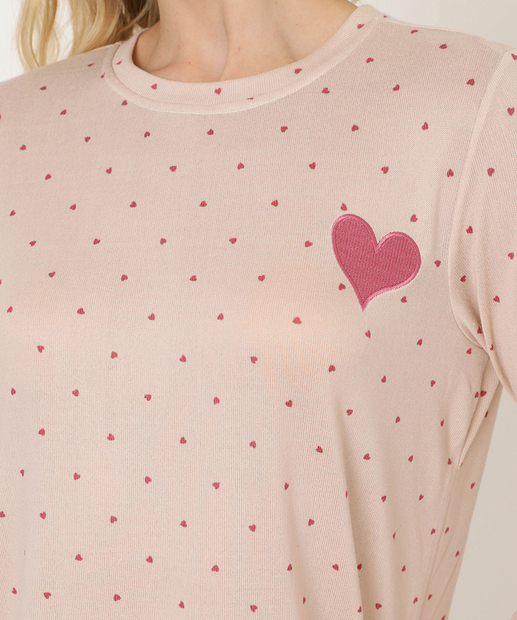 Pijama Feminino Tricô Bordado Coração Marisa Bege