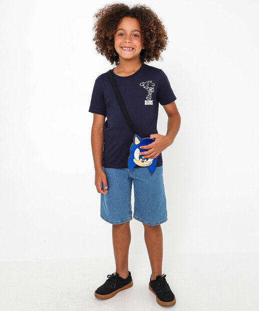 Camiseta Infantil Manga Curta Bolsa Sonic Tam 4 a 10 Azul