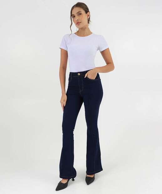 Image_Calça Feminina Jeans Flare Bolsos Cintura Alta Azul