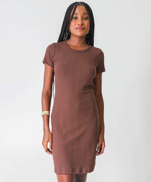 Image_Vestido Feminino Canelado Manga Curta Marisa Marrom