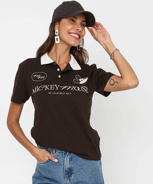Image_Blusa Feminino Polo Mickey Manga Curta Disney Marrom