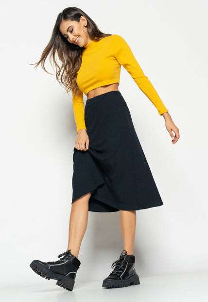 Cropped  Gola Alta Manga Longa Comfy Malha Canelada Mostarda