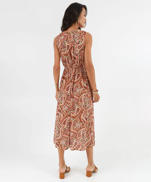 Vestido Midi Feminino Brilho Lurex Paisley Marisa Marrom