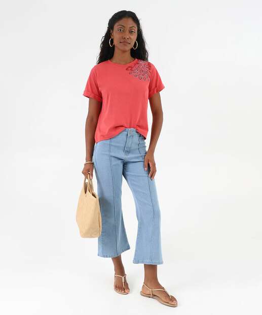 Blusa Feminina Estampa Flor Manga Curta Marisa Vermelho