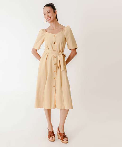 Vestido Midi Feminino Fenda Lastex Marisa Bege