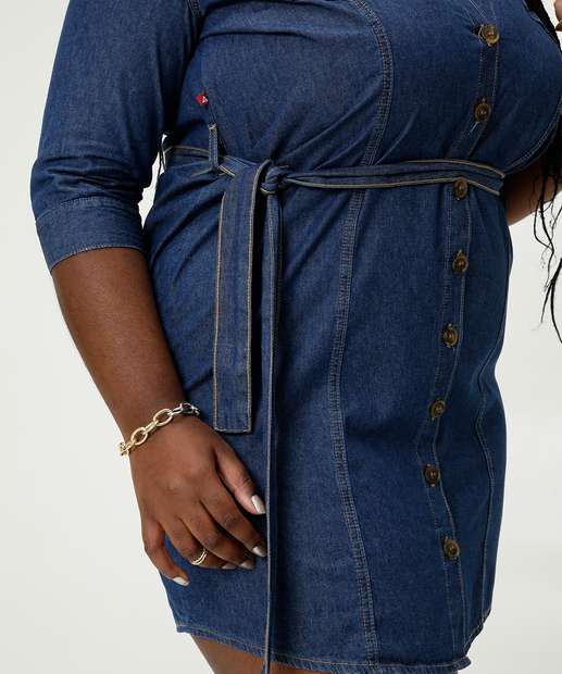 Vestido Plus Size Feminino Chemise Jeans Manga 3/4 Cambos