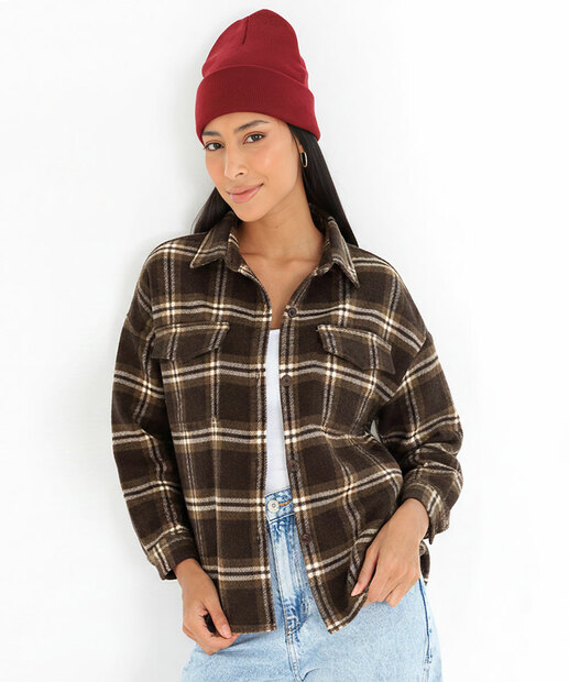 Image_Camisa Feminina Xadrez Flanelada Marisa Bege