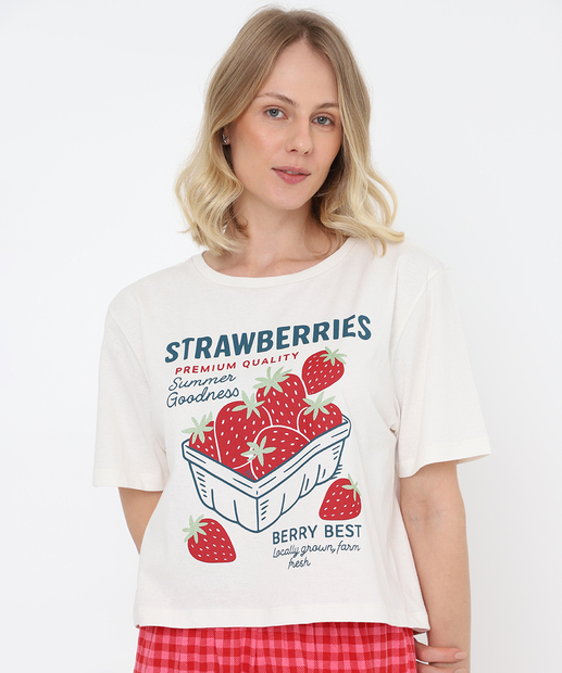 Pijama Feminino Estampado Manga Curta Marisa Off White