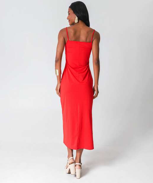 Vestido Midi Feminino Fenda Alças Finas Marisa Vermelho