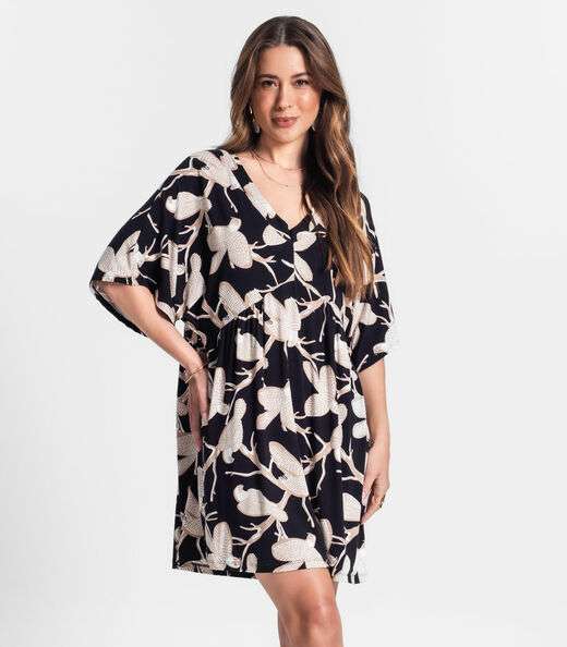 Vestido Curto Estampa Pássaros Rovitex Preto