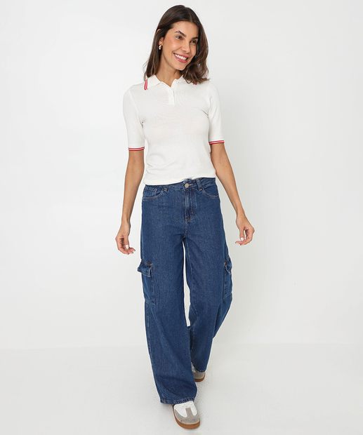 Blusa Feminina Polo Tricô Botões Marisa Off White