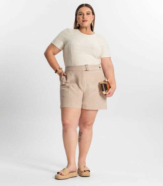 Blusa Plus Size Com Listras Secret Glam Bege