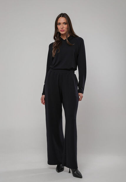 Conjunto Moletinho Wide Leg Com Casaco de Capuz Preto Salvatore