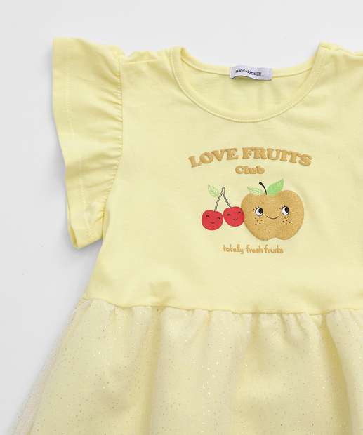 Vestido Infantil Frutas Tule Babado Amarelo Marisa Tam 1 a 3