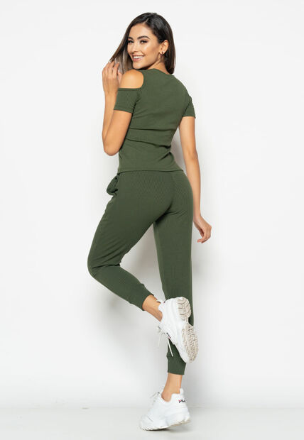 Blusa  Ombro Vazado Manga Curta Canelado Verde Militar