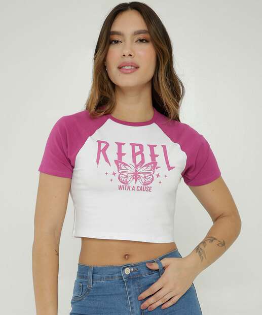 Image_Blusa Cropped Feminina Cotton Estampa Borboleta Manga Curta