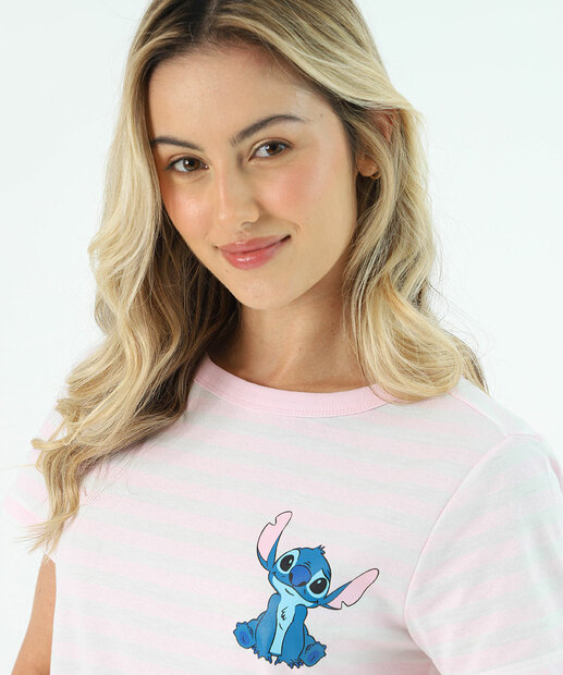 Camisola Estampa Stitch Listrada Disney Rosa